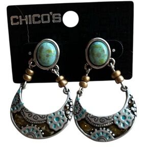 New Chico's Turquoise & Gold Boho Crescent Earrings
